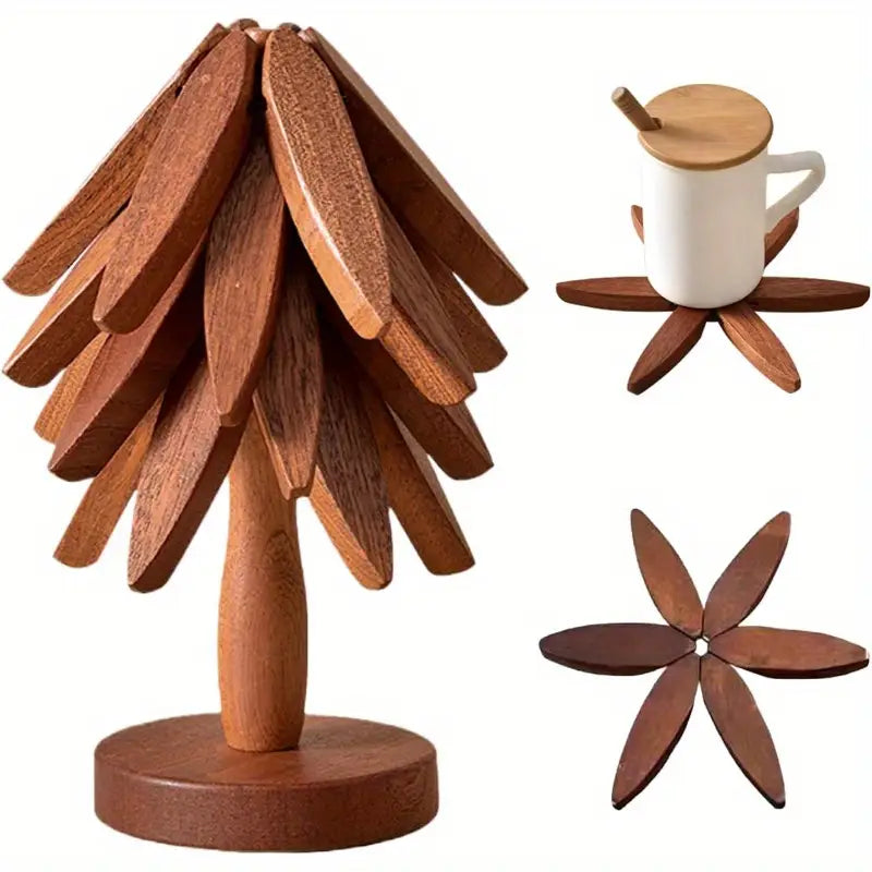 Hoku Tree – Opvouwbare Natuurlijke Houten Onderzetter set
