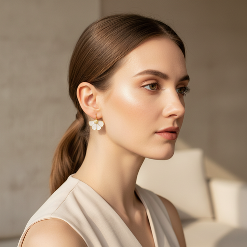 Fleure oorbellen gedragen door Nederlandse vrouw