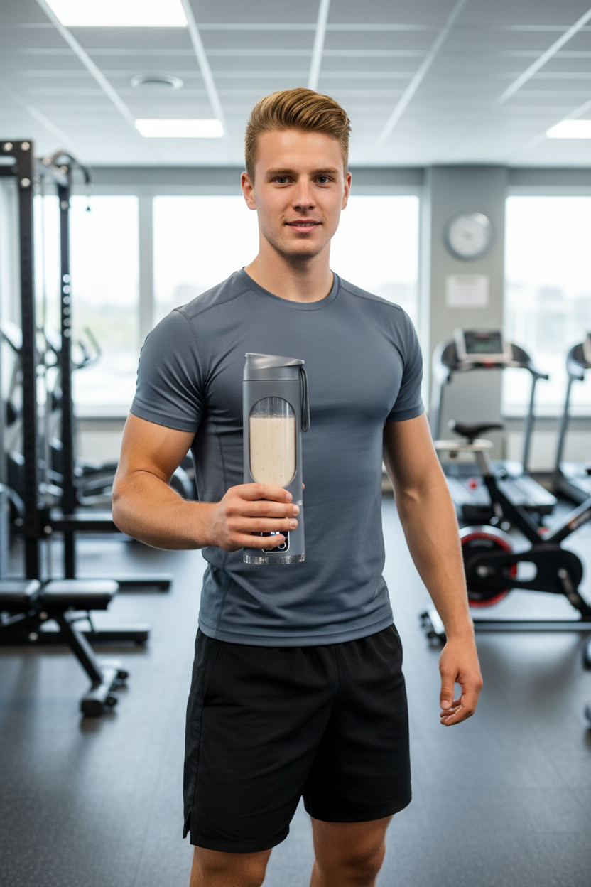 Man in sportschool met grijze juicer