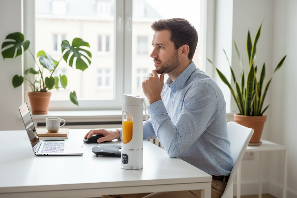 Man met juicer op kantoor