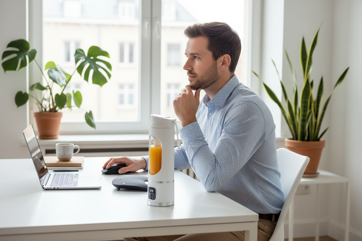 Man met juicer op kantoor
