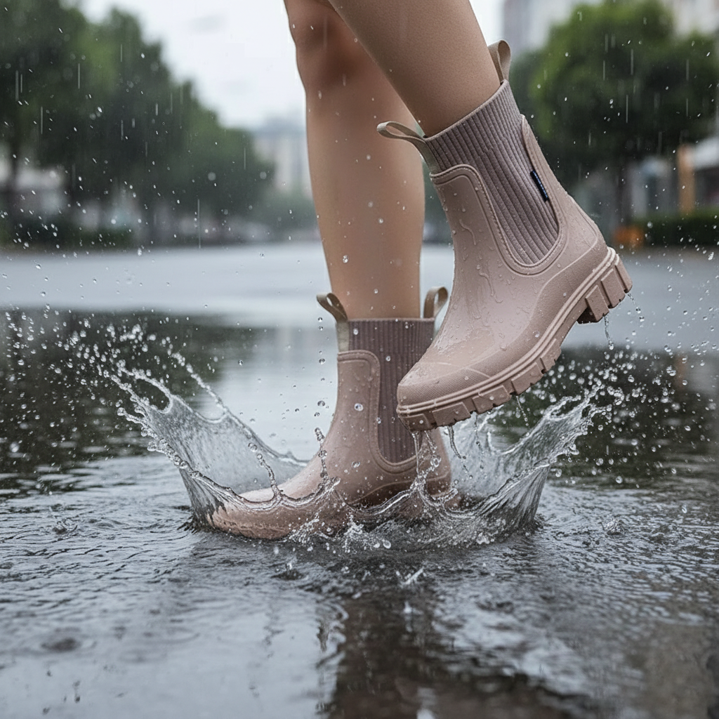 Regenlaarzen in plassen