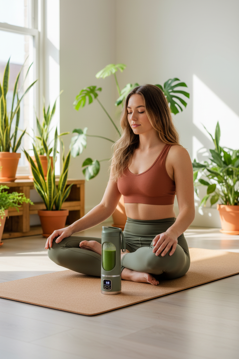 Vrouw yoga met legergroene juicer